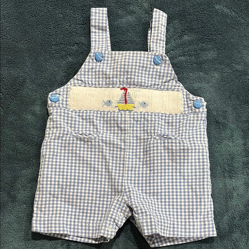 Blue Gingham smocked Overalls. Beautiful boat/fish smock design. Sz 6 months